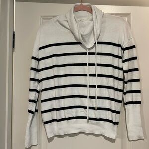 Max Studio White and Black Striped Cowl Neck Sweater with Drawstrings
